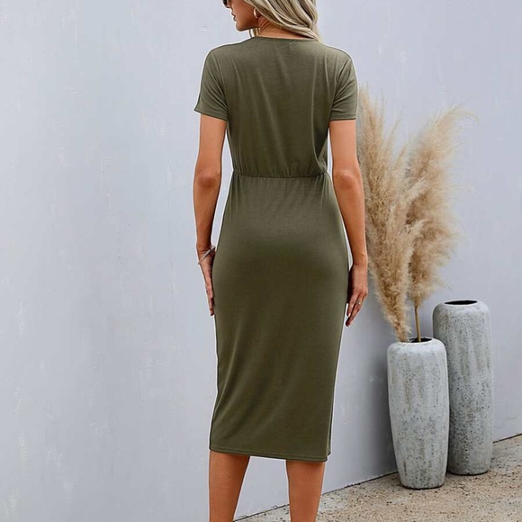 Solid Black Button up Short Sleeve Midi Dress - Picture 3 of 6